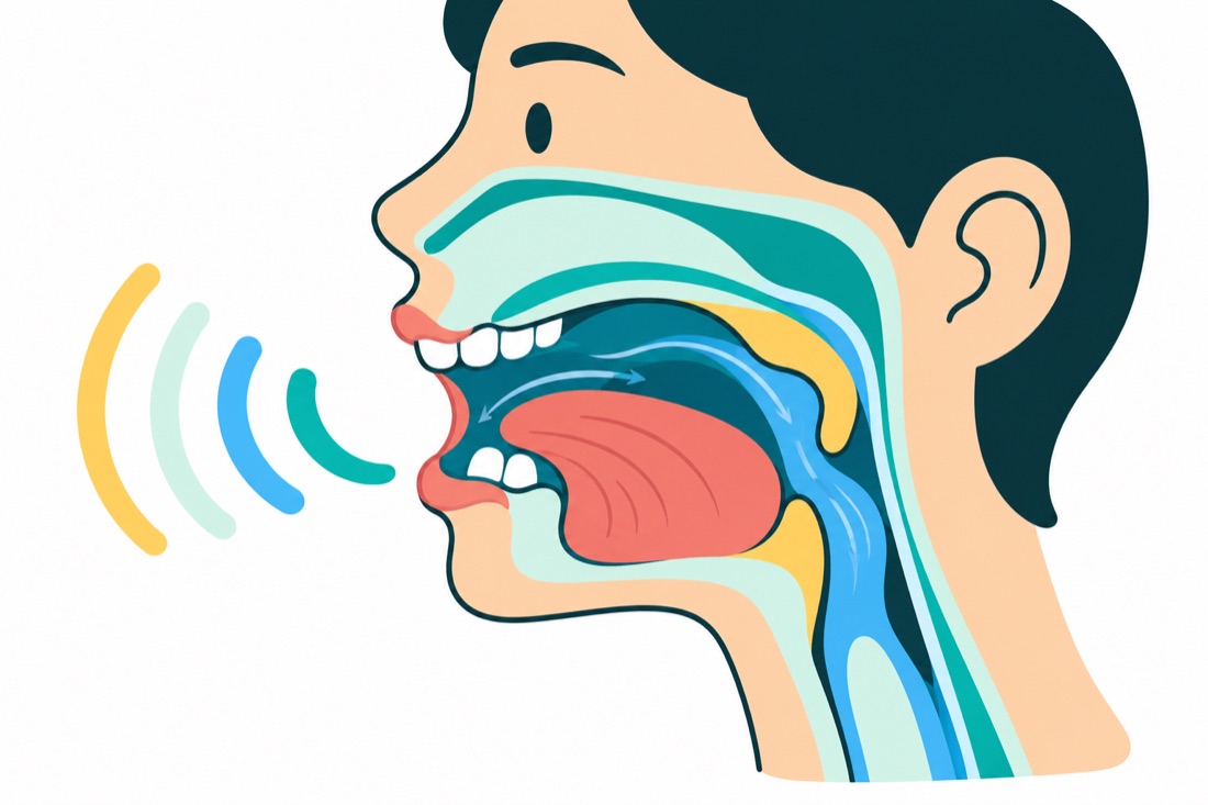 Flat illustration of a mouth cross-section showing the tongue, teeth and airflow that shape a sound